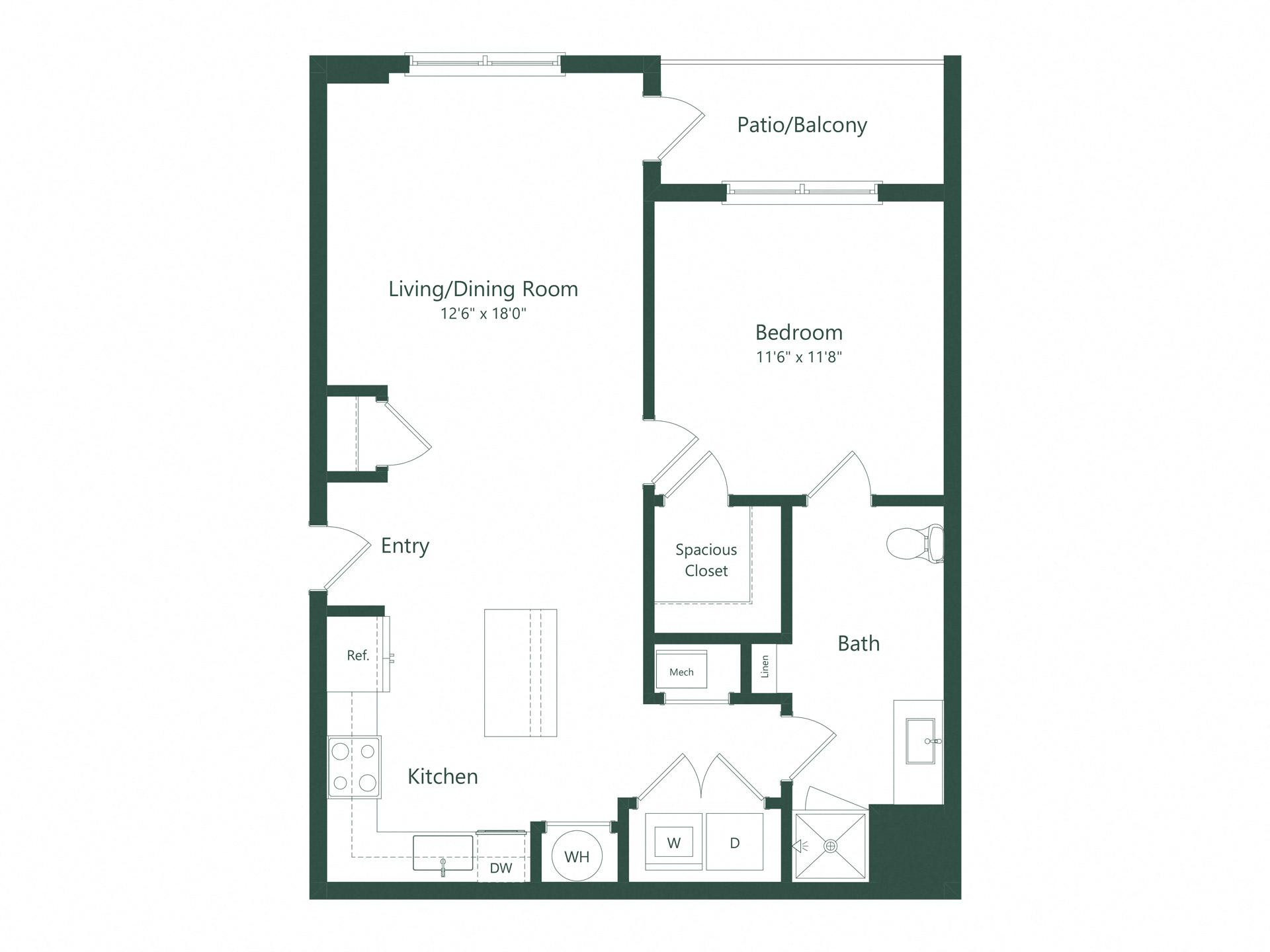 Floor plan for 1 bed, 1 bath, 790 sqft